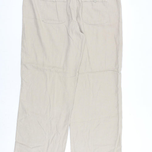 Marks and Spencer Womens Beige Herringbone Flax Trousers Size 16 L30 in Regular Zip