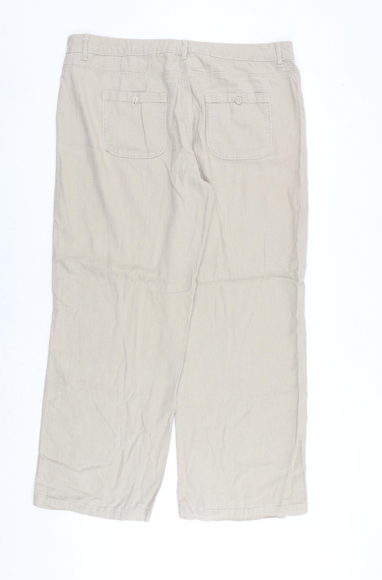 Marks and Spencer Womens Beige Herringbone Flax Trousers Size 16 L30 in Regular Zip