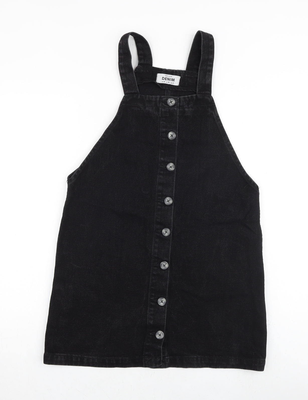 New Look Womens Black 100% Cotton Pinafore/Dungaree Dress Size 10 Square Neck Button