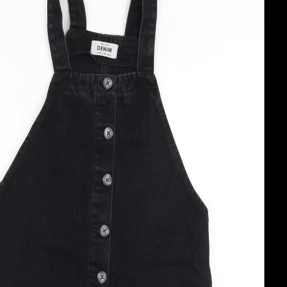 New Look Womens Black 100% Cotton Pinafore/Dungaree Dress Size 10 Square Neck Button