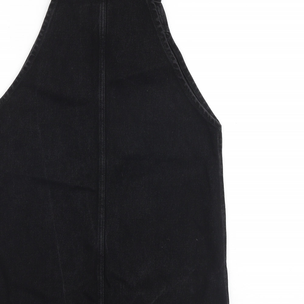 New Look Womens Black 100% Cotton Pinafore/Dungaree Dress Size 10 Square Neck Button