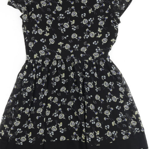 New Look Womens Black Floral Polyester A-Line Size 10 Round Neck Button