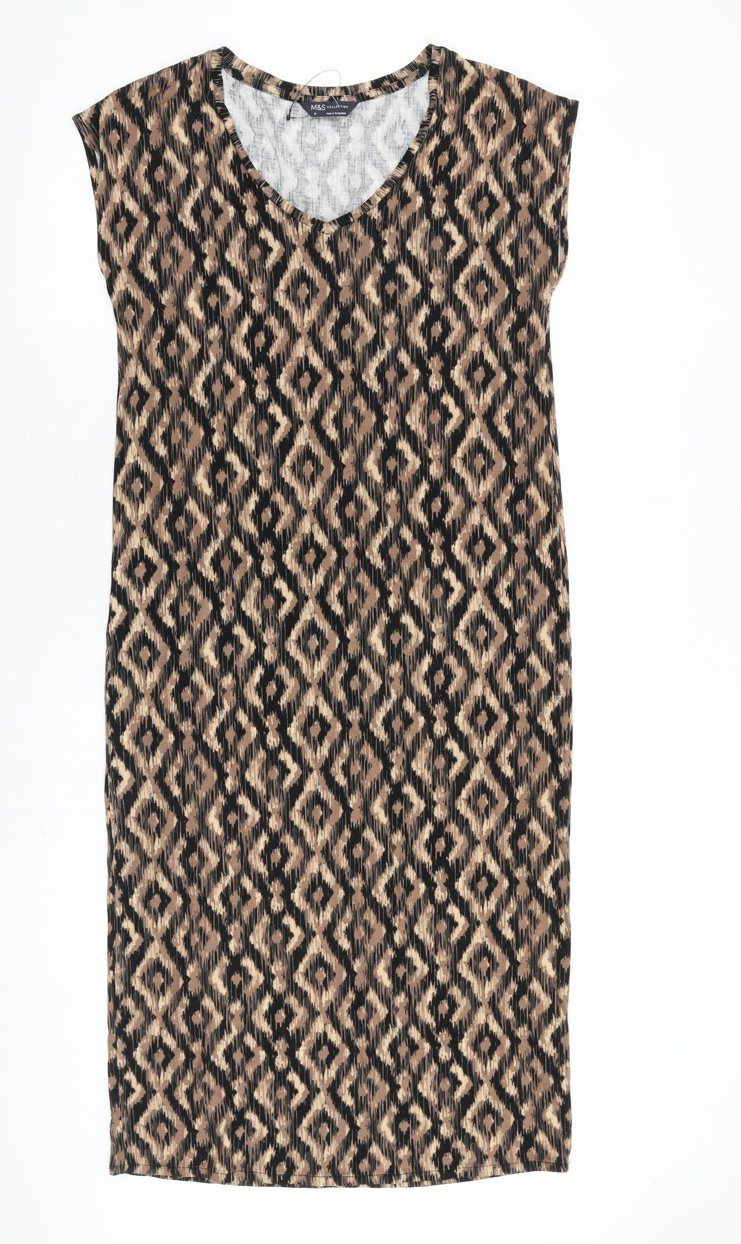 Marks and Spencer Womens Brown Geometric Viscose T-Shirt Dress Size 8 V-Neck Pullover