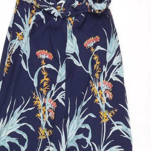 Warehouse Womens Blue Floral Cotton Trousers Size 14 L28 in Regular
