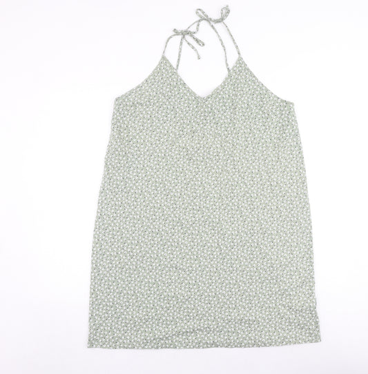 River Island Womens Green Floral 100% Cotton Slip Dress Size 18 V-Neck Tie