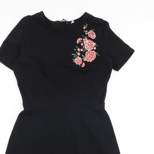 Dorothy Perkins Womens Black Floral Cotton Fit & Flare Size 8 Round Neck Pullover