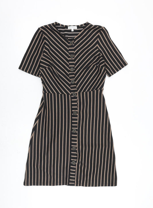 Warehouse Womens Black Striped Polyester A-Line Size 8 V-Neck Button