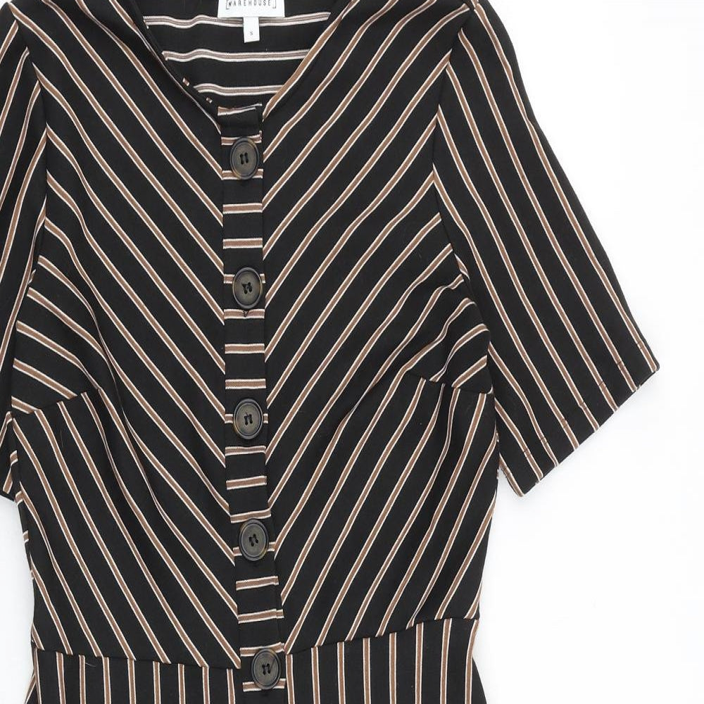 Warehouse Womens Black Striped Polyester A-Line Size 8 V-Neck Button