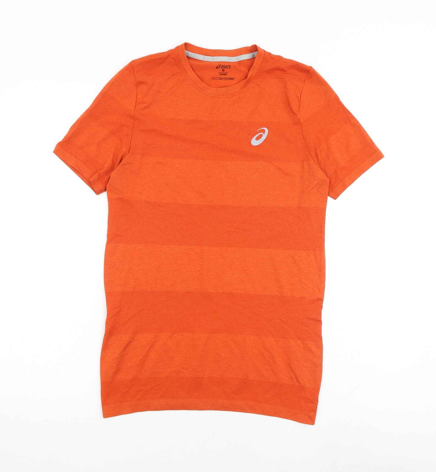 ASICS Mens Orange Striped Polyester T-Shirt Size S Crew Neck