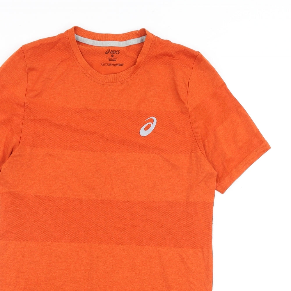 ASICS Mens Orange Striped Polyester T-Shirt Size S Crew Neck