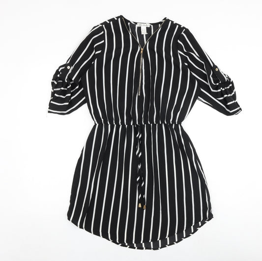 Urban Heritage Womens Black Striped Polyester A-Line Size M V-Neck Zip