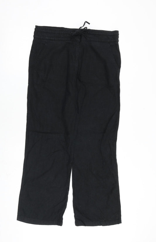 NEXT Womens Black Linen Trousers Size 12 L30 in Regular Zip - Drawstring