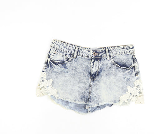 New Look Womens Blue Cotton Hot Pants Shorts Size 12 Regular Zip - Distressed Acid wash