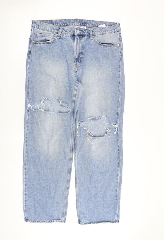 H&M Womens Blue Cotton Boyfriend Jeans Size 12 L30 in Regular Zip