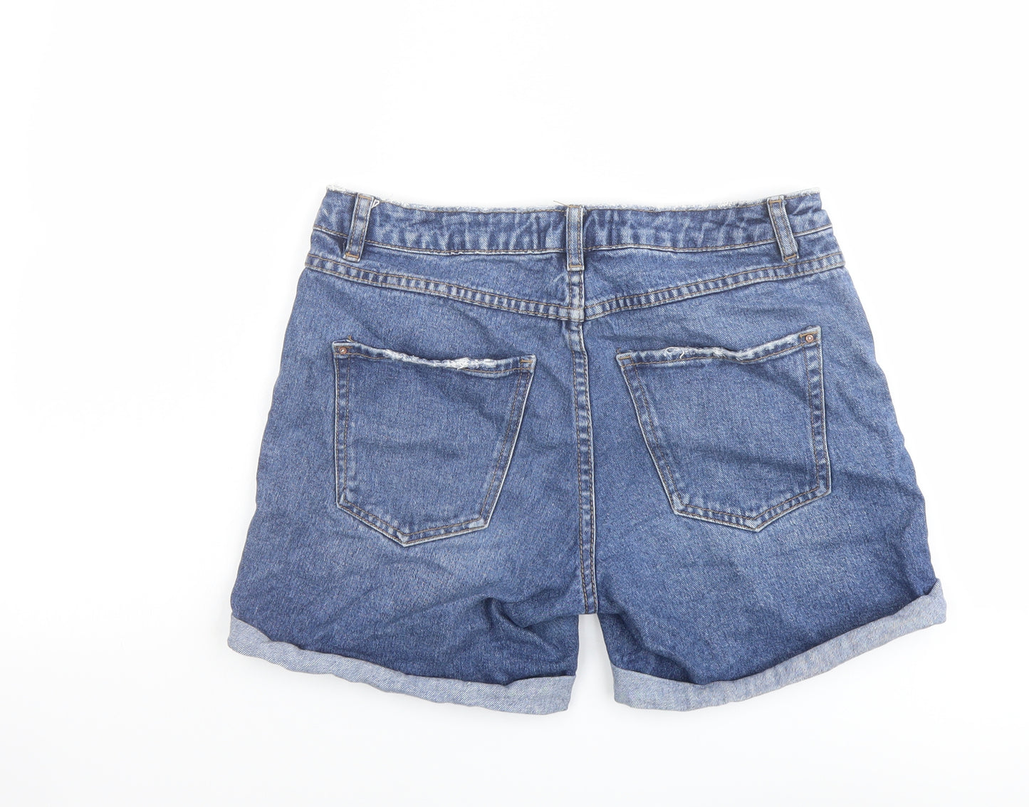 New Look Womens Blue Cotton Mom Shorts Size 8 L5 in Regular Button - Distressed Pockets