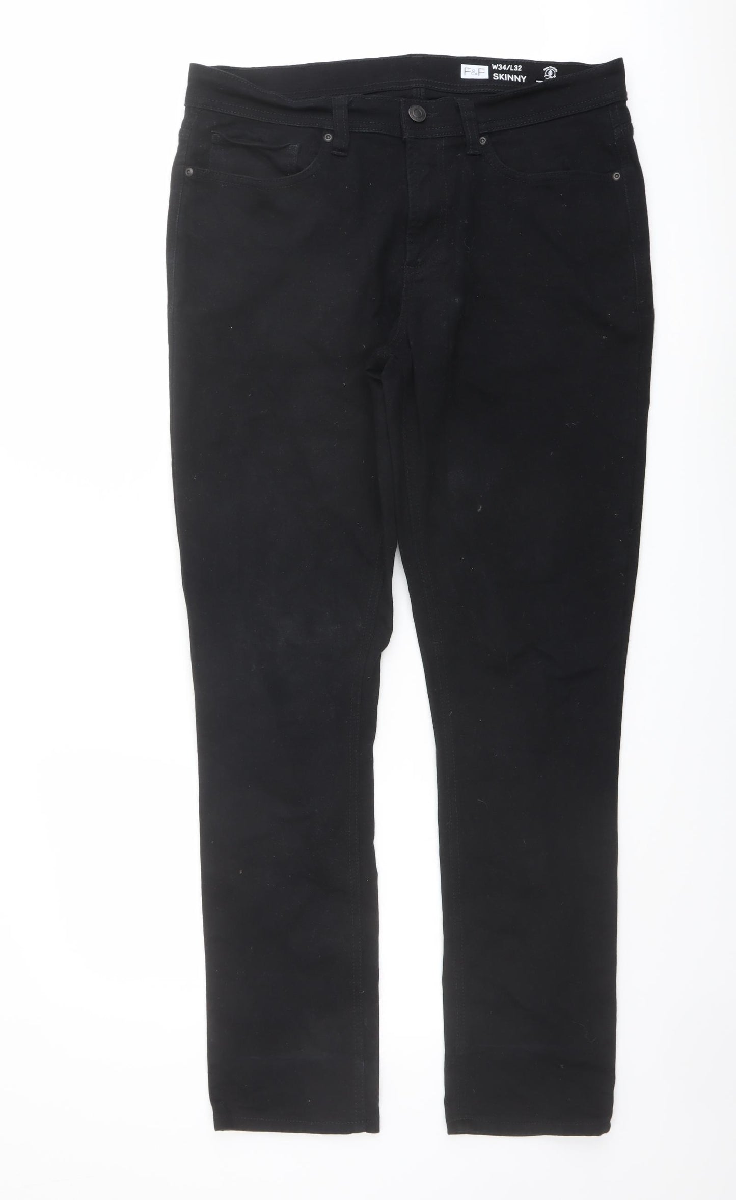 F&F Mens Black Cotton Skinny Jeans Size 34 in L32 in Regular Button