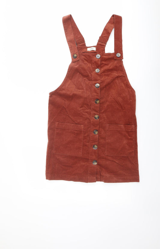 Jacqueline de Yong Womens Red Cotton Pinafore/Dungaree Dress Size 8 Square Neck Button
