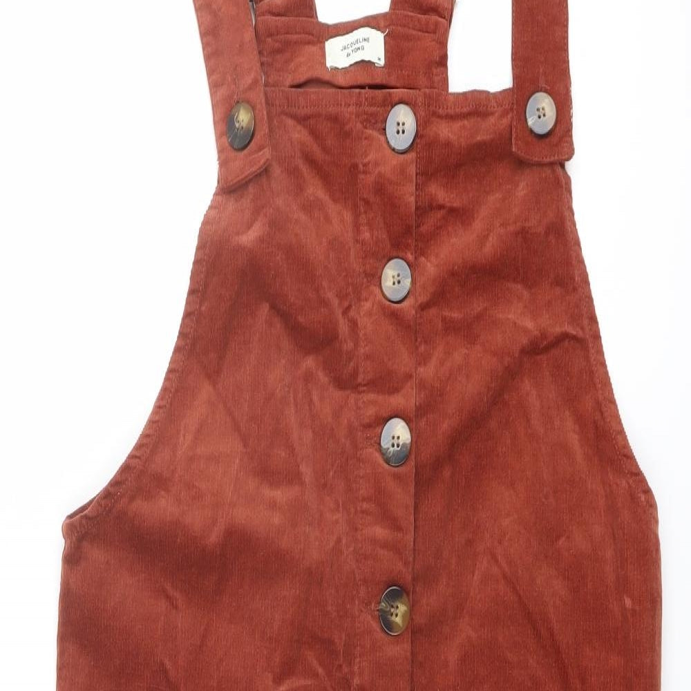 Jacqueline de Yong Womens Red Cotton Pinafore/Dungaree Dress Size 8 Square Neck Button