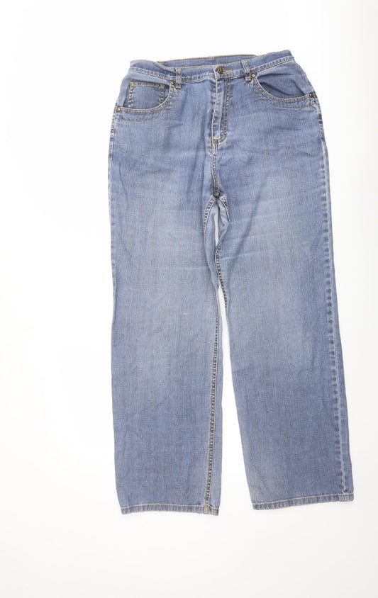 Marks and Spencer Womens Blue Cotton Wide-Leg Jeans Size 12 L29 in Regular Button