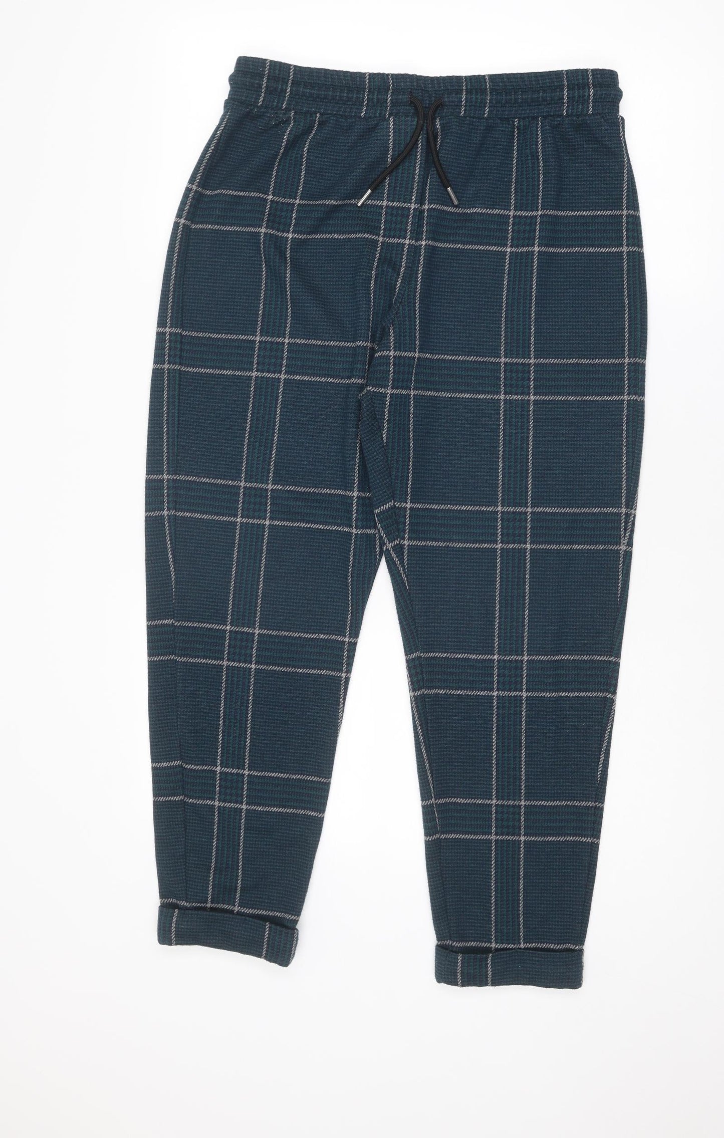 Marks and Spencer Womens Blue Check Polyester Jogger Trousers Size 14 L26 in Regular Drawstring