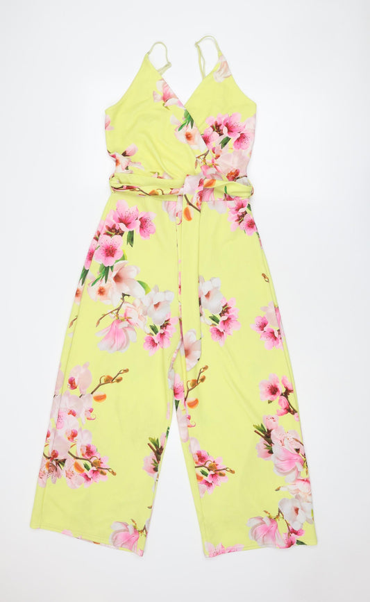 Quiz Womens Yellow Floral Polyester Jumpsuit One-Piece Size 8 L23 in Pullover
