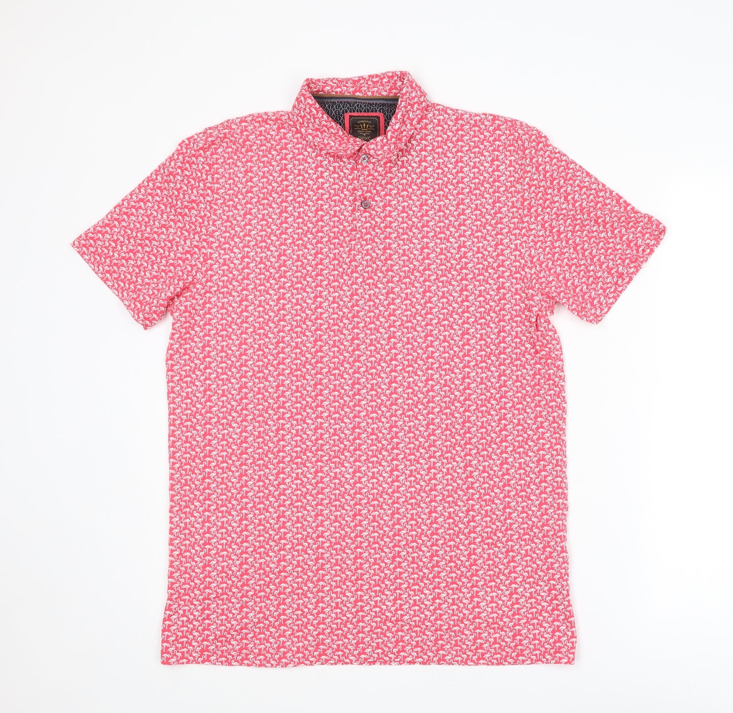 NEXT Mens Pink Geometric Cotton Polo Size M Collared Button - Flamingo Pattern