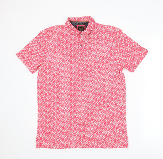 NEXT Mens Pink Geometric Cotton Polo Size M Collared Button - Flamingo Pattern
