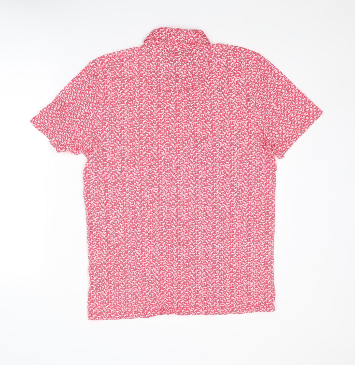 NEXT Mens Pink Geometric Cotton Polo Size M Collared Button - Flamingo Pattern