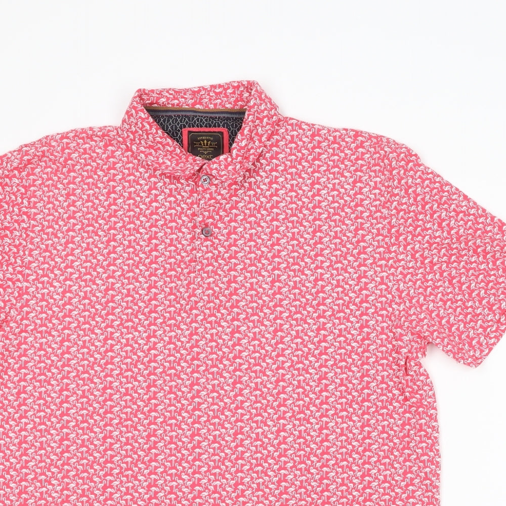 NEXT Mens Pink Geometric Cotton Polo Size M Collared Button - Flamingo Pattern