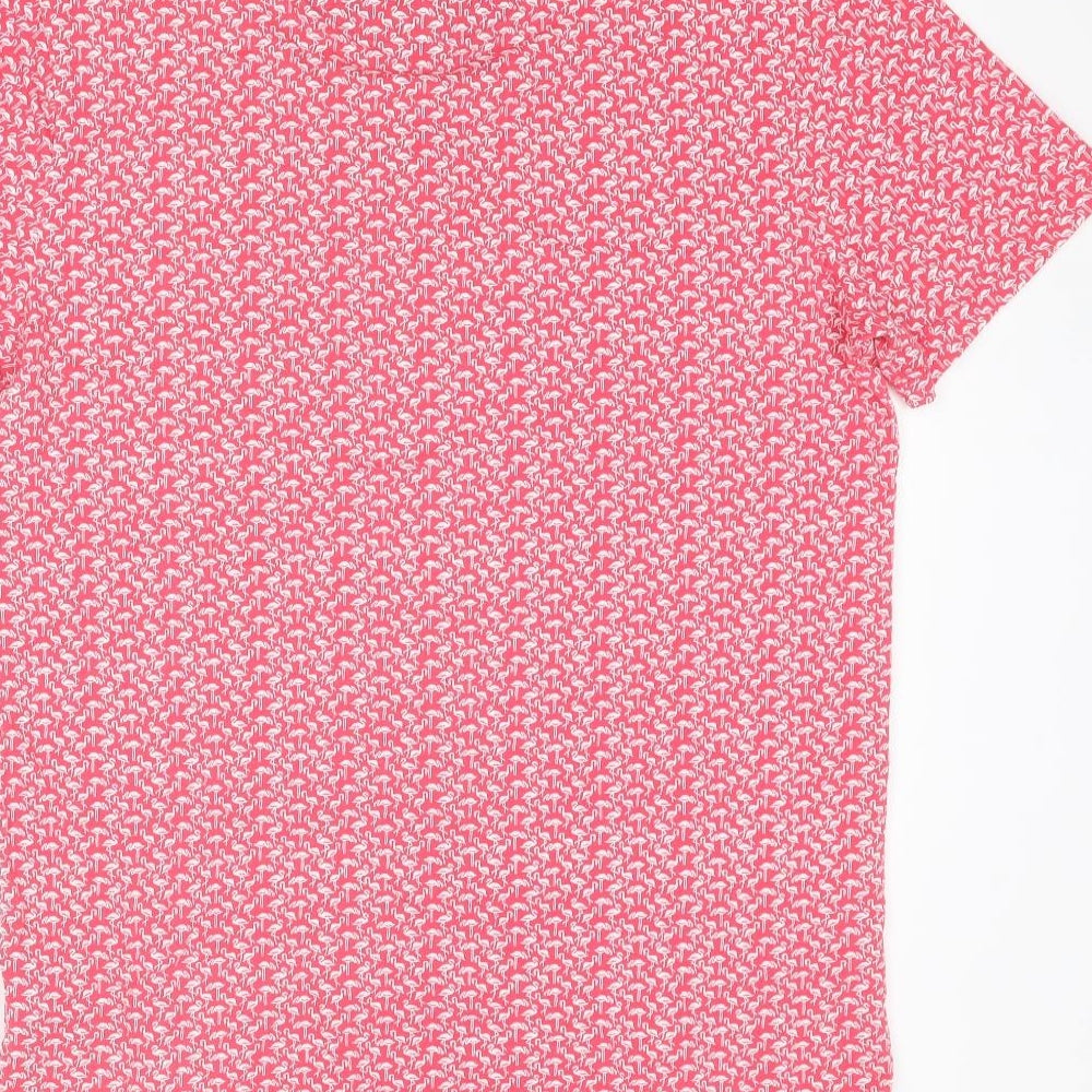 NEXT Mens Pink Geometric Cotton Polo Size M Collared Button - Flamingo Pattern