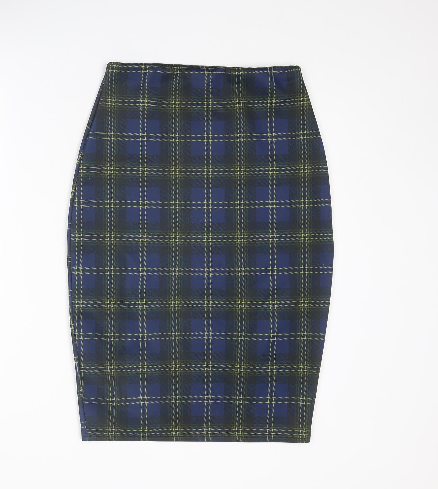 Missguided Womens Blue Plaid Polyester Bandage Skirt Size 12