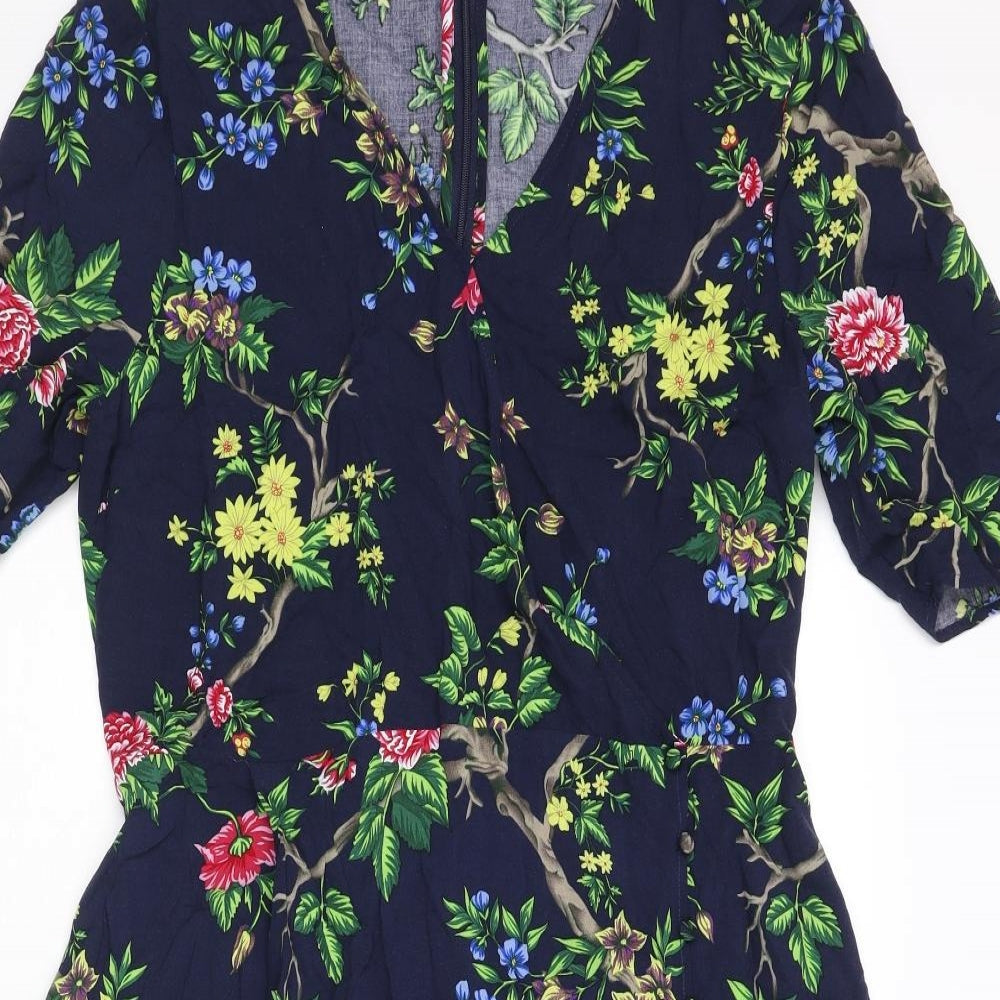 Warehouse Womens Blue Floral Viscose Sheath Size 12 V-Neck Zip