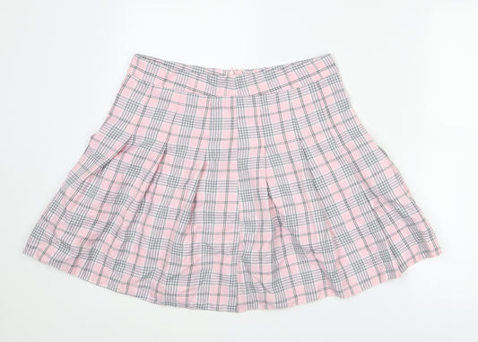 New Look Womens Pink Plaid Polyester Pleated Skirt Size 14 Zip