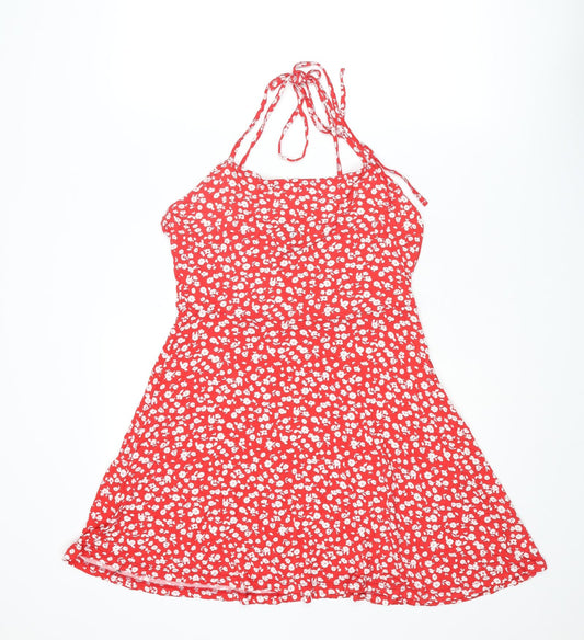 New Look Womens Red Floral Viscose Mini Size 12 Halter Tie