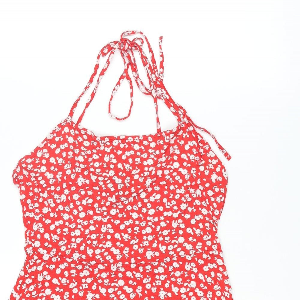 New Look Womens Red Floral Viscose Mini Size 12 Halter Tie