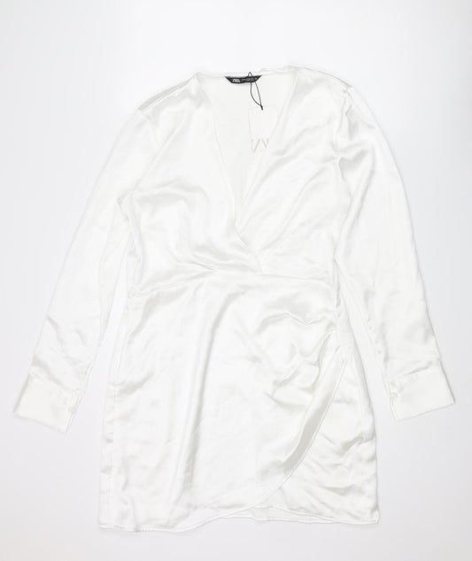 Zara Womens White Polyester Sheath Size XL V-Neck Zip