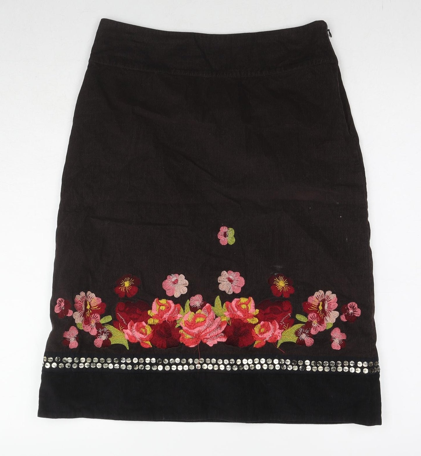 Monsoon Womens Brown Floral Cotton A-Line Skirt Size 8 Zip