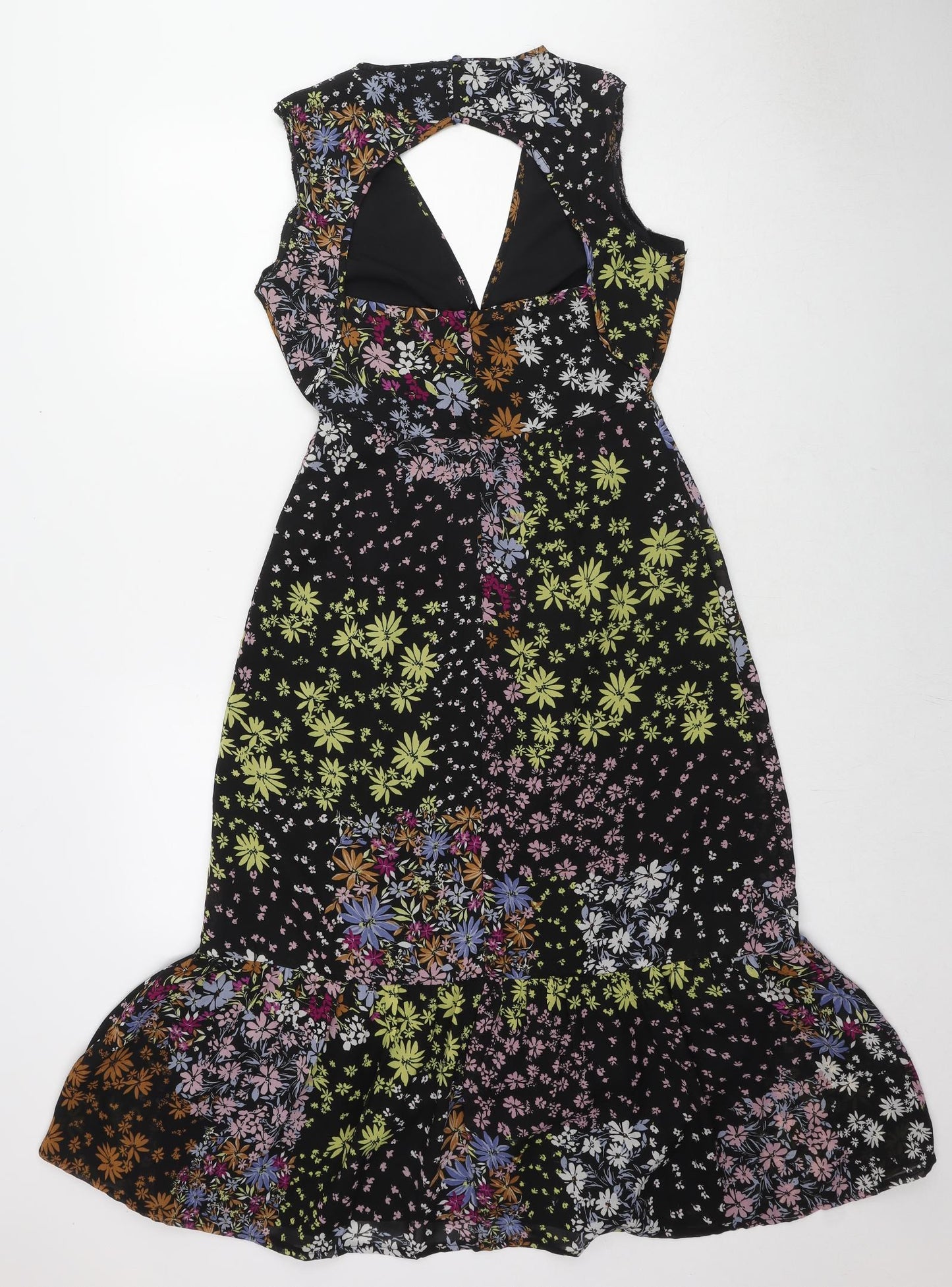 Oasis Womens Black Floral Polyester A-Line Size 6 V-Neck Button - Cut Out Back Detail