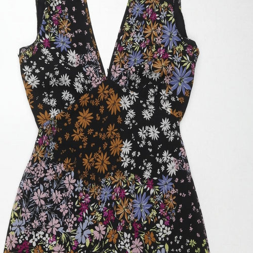 Oasis Womens Black Floral Polyester A-Line Size 6 V-Neck Button - Cut Out Back Detail