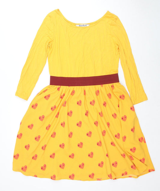 Harkel Womens Yellow Geometric Viscose T-Shirt Dress Size 14 Boat Neck Pullover - Heart Pattern