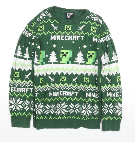 Minecraft Boys Green Round Neck Geometric Cotton Pullover Jumper Size 11-12 Years Pullover - Christmas