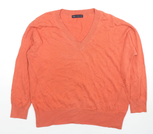 Marks and Spencer Womens Orange V-Neck Cotton Pullover Jumper Size M