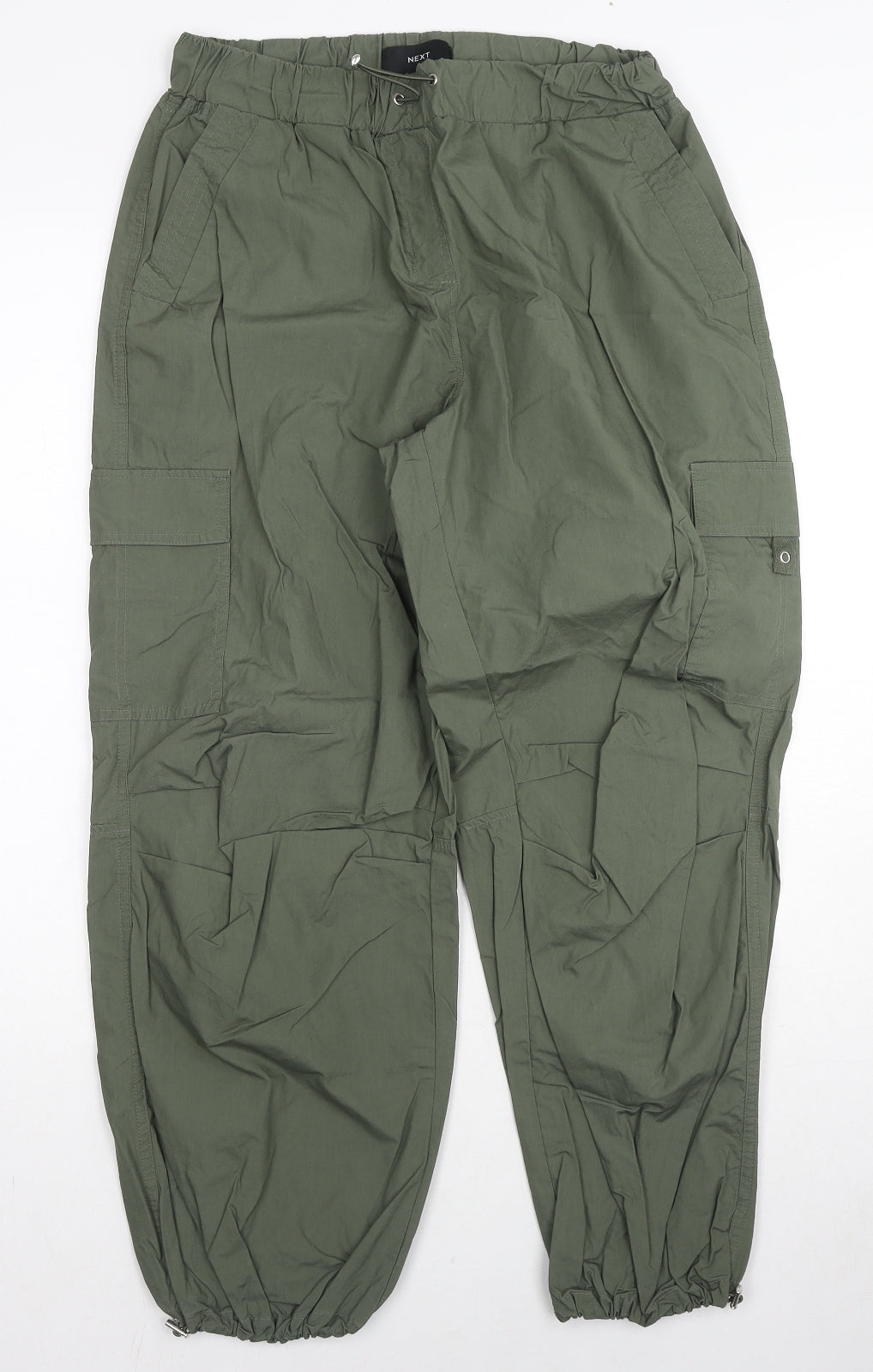 NEXT Womens Green Cotton Cargo Trousers Size S L26 in Regular Drawstring - Drawstring Hem