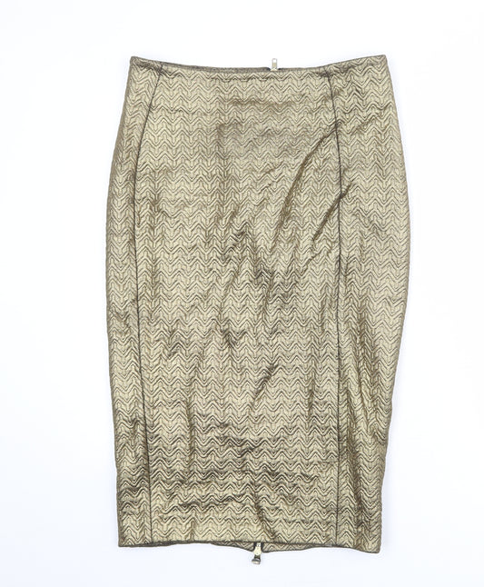 River Island Womens Gold Geometric Polyurethane Straight & Pencil Skirt Size 14 Zip