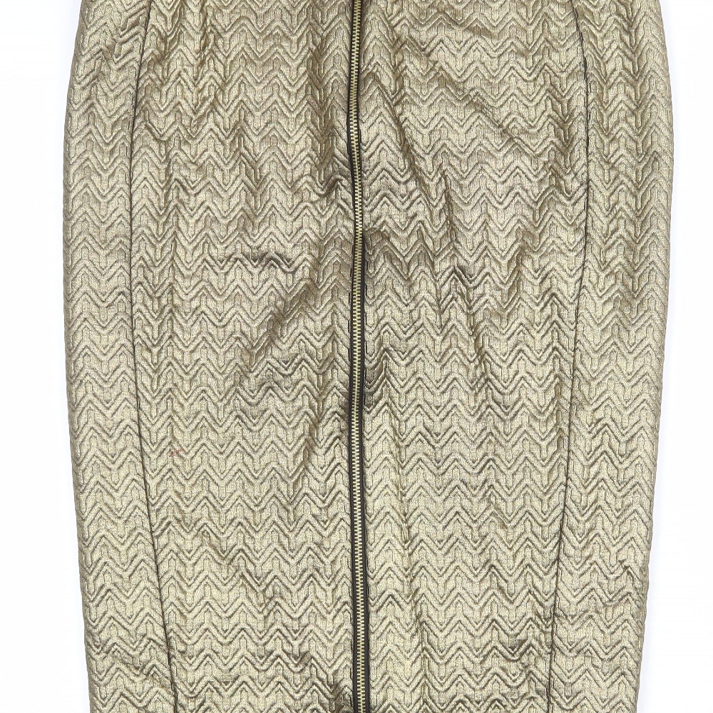 River Island Womens Gold Geometric Polyurethane Straight & Pencil Skirt Size 14 Zip