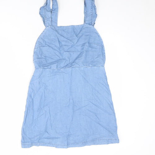 Zara Womens Blue Lyocell Pinafore/Dungaree Dress Size M Square Neck Zip