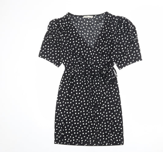 Pull&Bear Womens Black Polka Dot Polyester Wrap Dress Size M V-Neck Tie