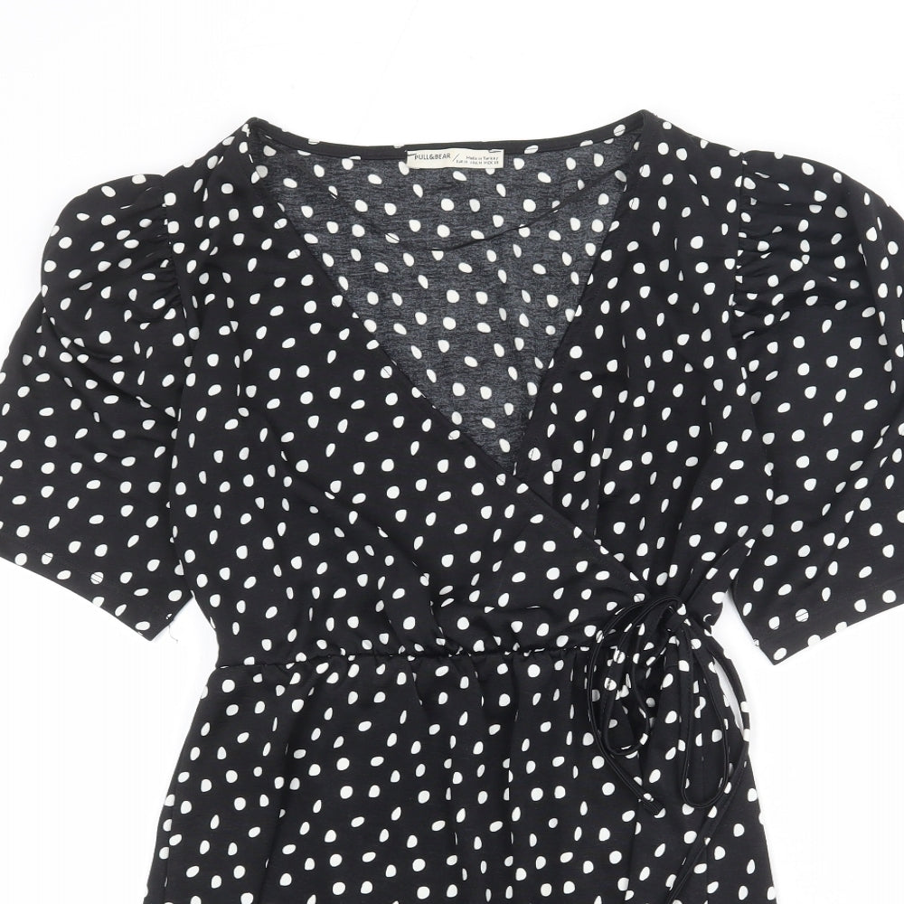 Pull&Bear Womens Black Polka Dot Polyester Wrap Dress Size M V-Neck Tie