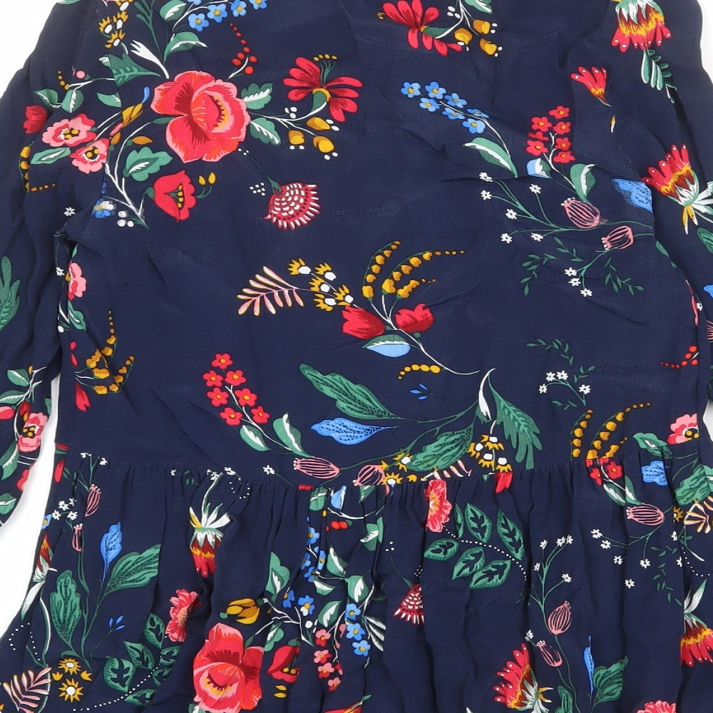 Monsoon Womens Blue Floral Viscose Basic Blouse Size 8 V-Neck