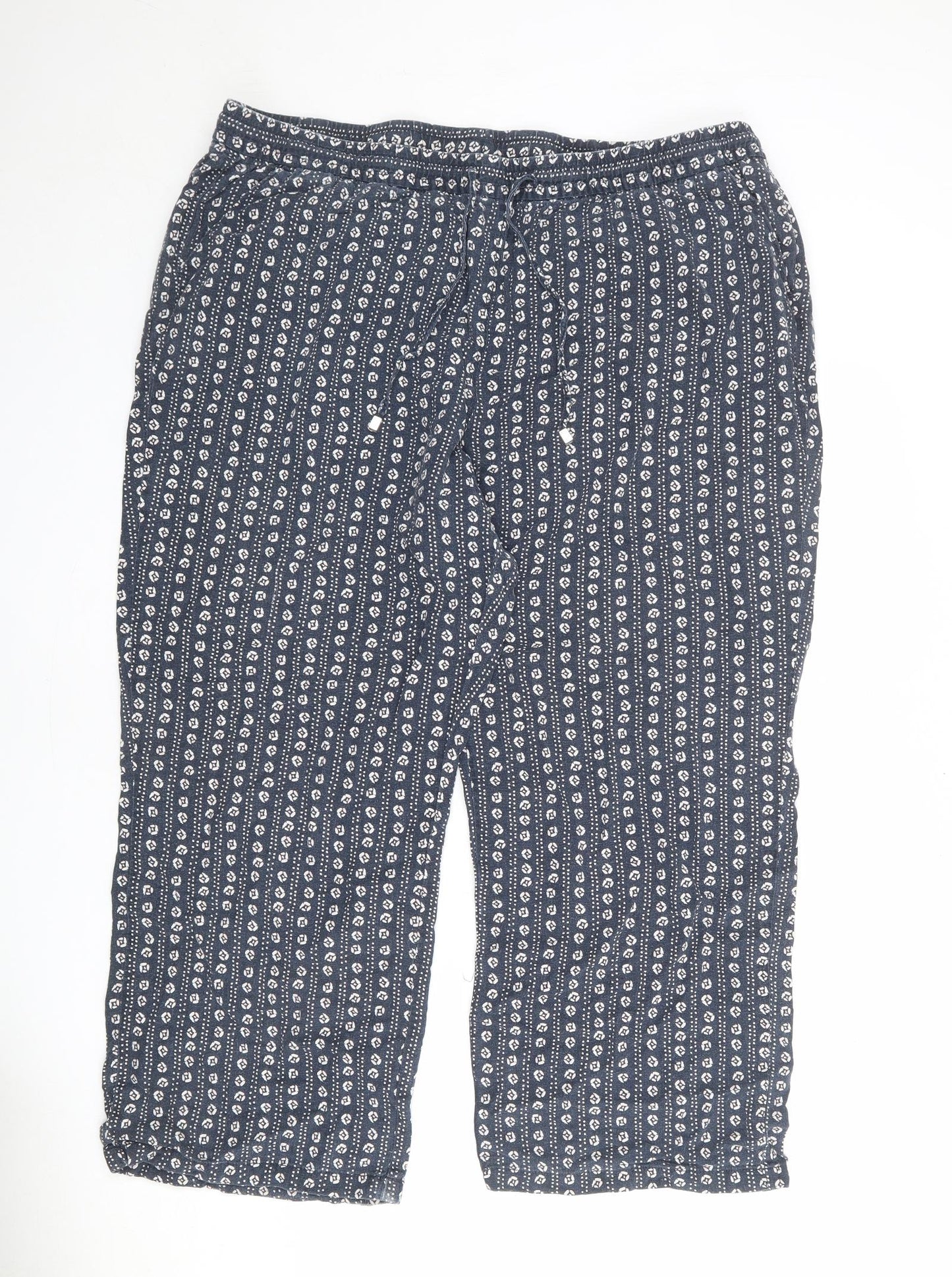 Bonmarché Womens Blue Geometric Linen Cropped Trousers Size 22 L24 in Regular Drawstring